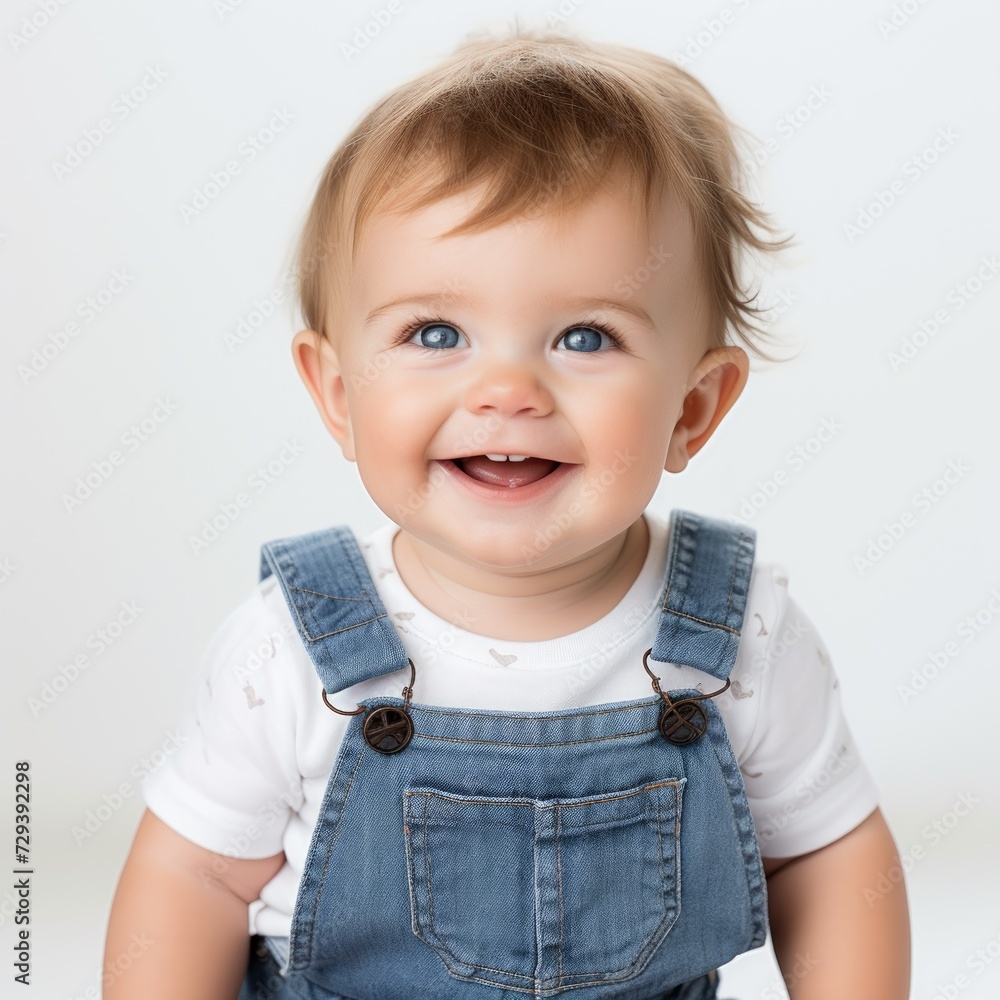 Poster stock image of a baby in a denim overalls against a plain white backdrop generative ai