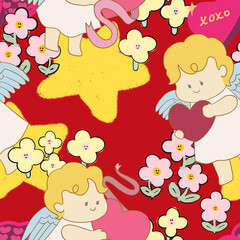 Valentine party doodle cupid seamless pattern charracter cartoon for wedding card, valentine 's day, interior design