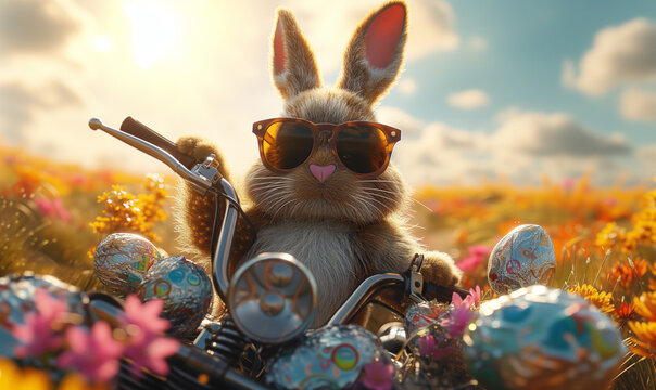 Cute Easter Bunny with sunglasses on an old motorcycle, Generative AI