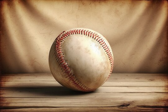 Old Vintage Baseball resting on wood with vintage background