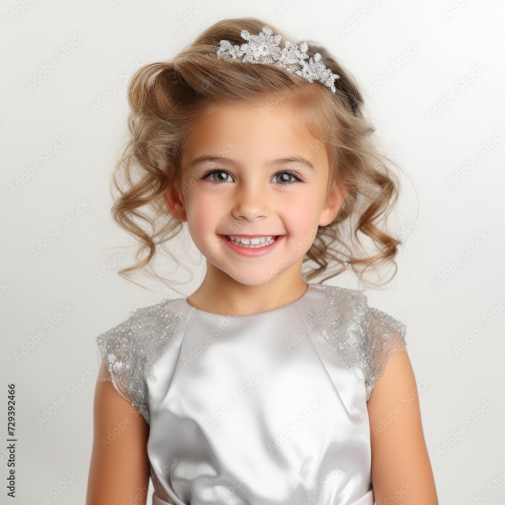 Poster stock image of a child in a formal dress on a white backdrop generative ai