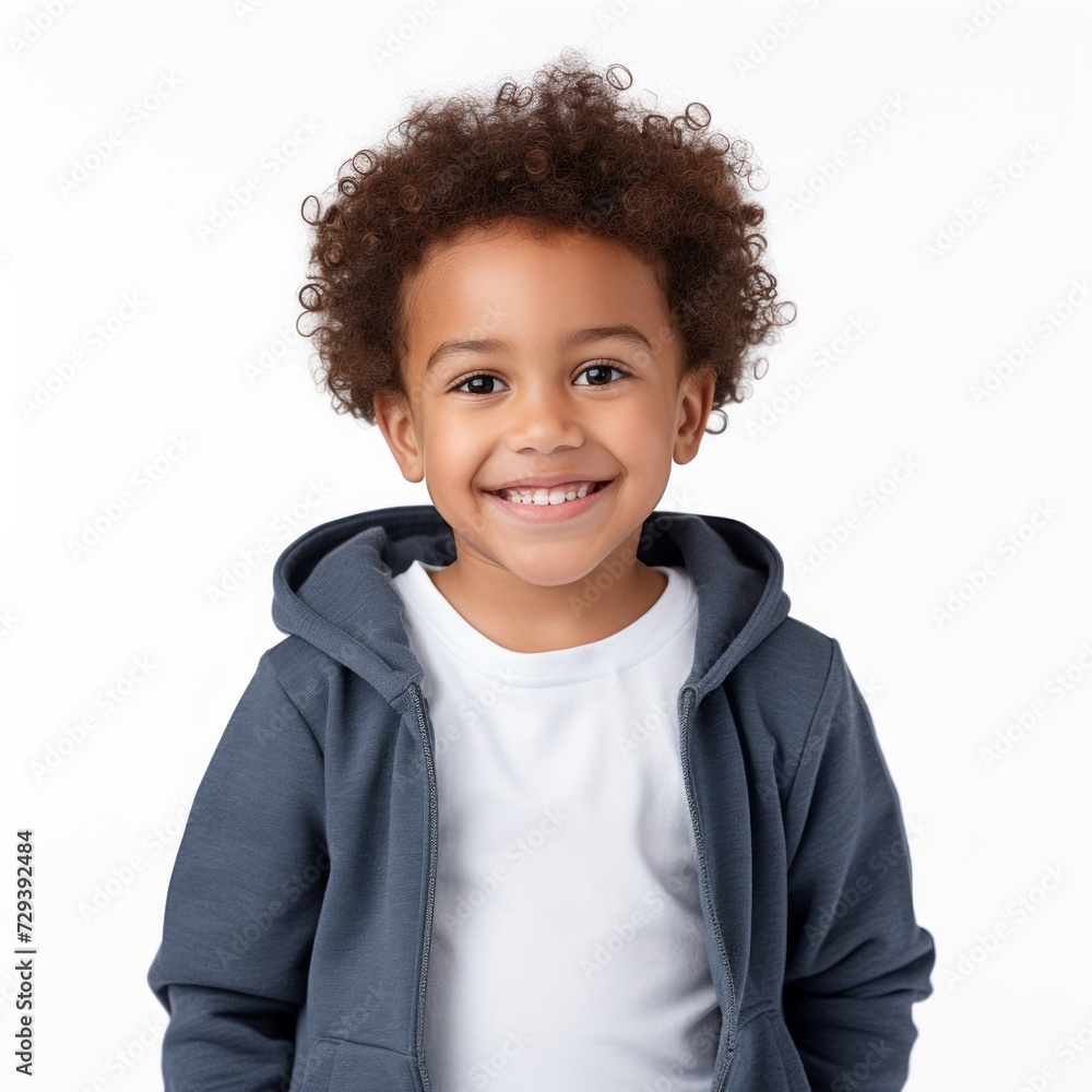 Poster stock image of a child in casual clothing on a plain white background generative ai