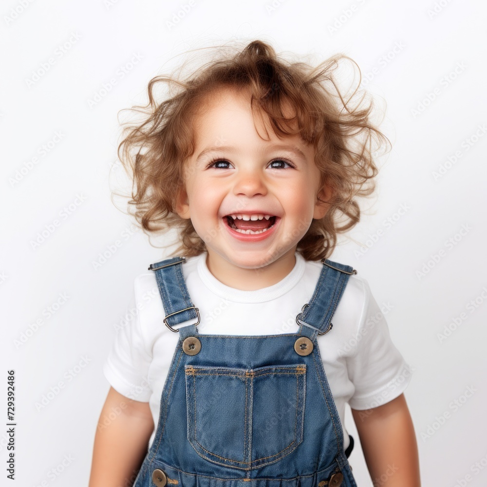 Poster Stock image of a child wearing denim overalls on a white background Generative AI
