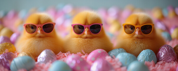 Easter chicks with glasses on a pastel background, surrounded by chocolate easter eggs, Generative AI