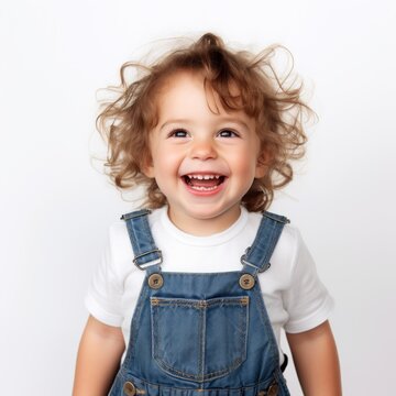 Stock image of a child wearing denim overalls on a white background Generative AI