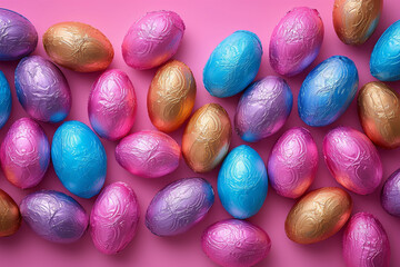 Colourful background of chocolate easter eggs collection wrapped in folio, Easter concept made with AI - obrazy, fototapety, plakaty