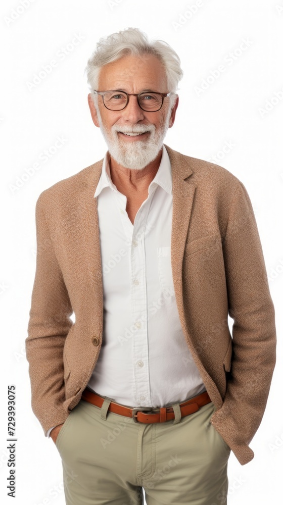 Poster stock image of a grandpa in a relaxed outfit on a white backdrop generative ai