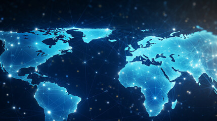 Blue digital world map depicting global connections