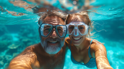 An elderly man and a woman share a joyful moment underwater, snorkeling in clear blue waters, capturing the essence of active senior living.