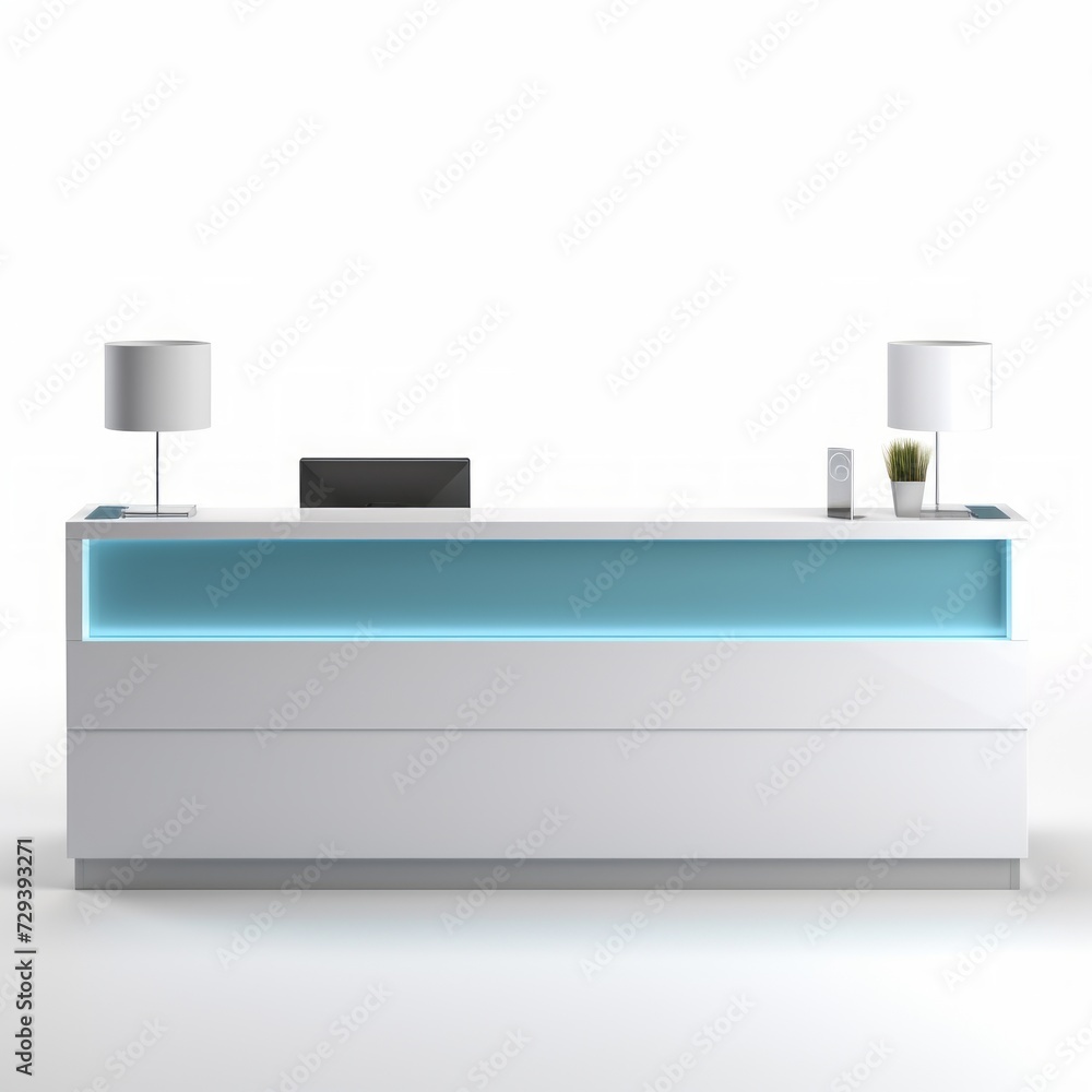 Poster stock image of a modern reception desk on a white background, sleek, welcoming front desk generative