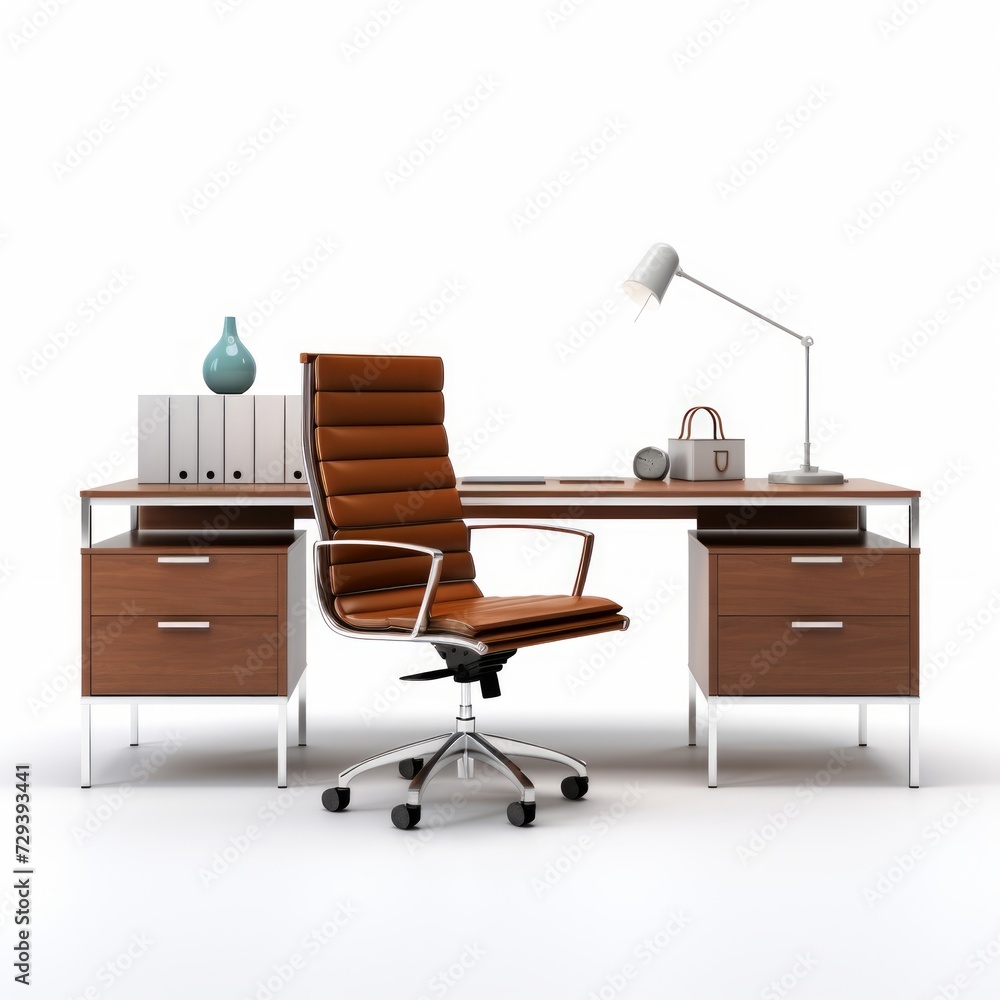 Poster stock image of a sleek executive desk on a white background, spacious, professional workspace genera