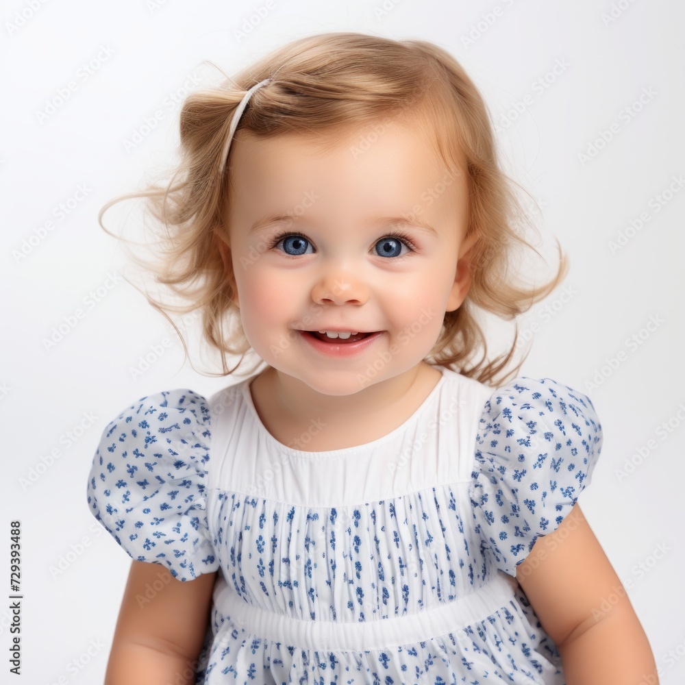Poster stock image of a toddler in a cute dress against a white backdrop generative ai