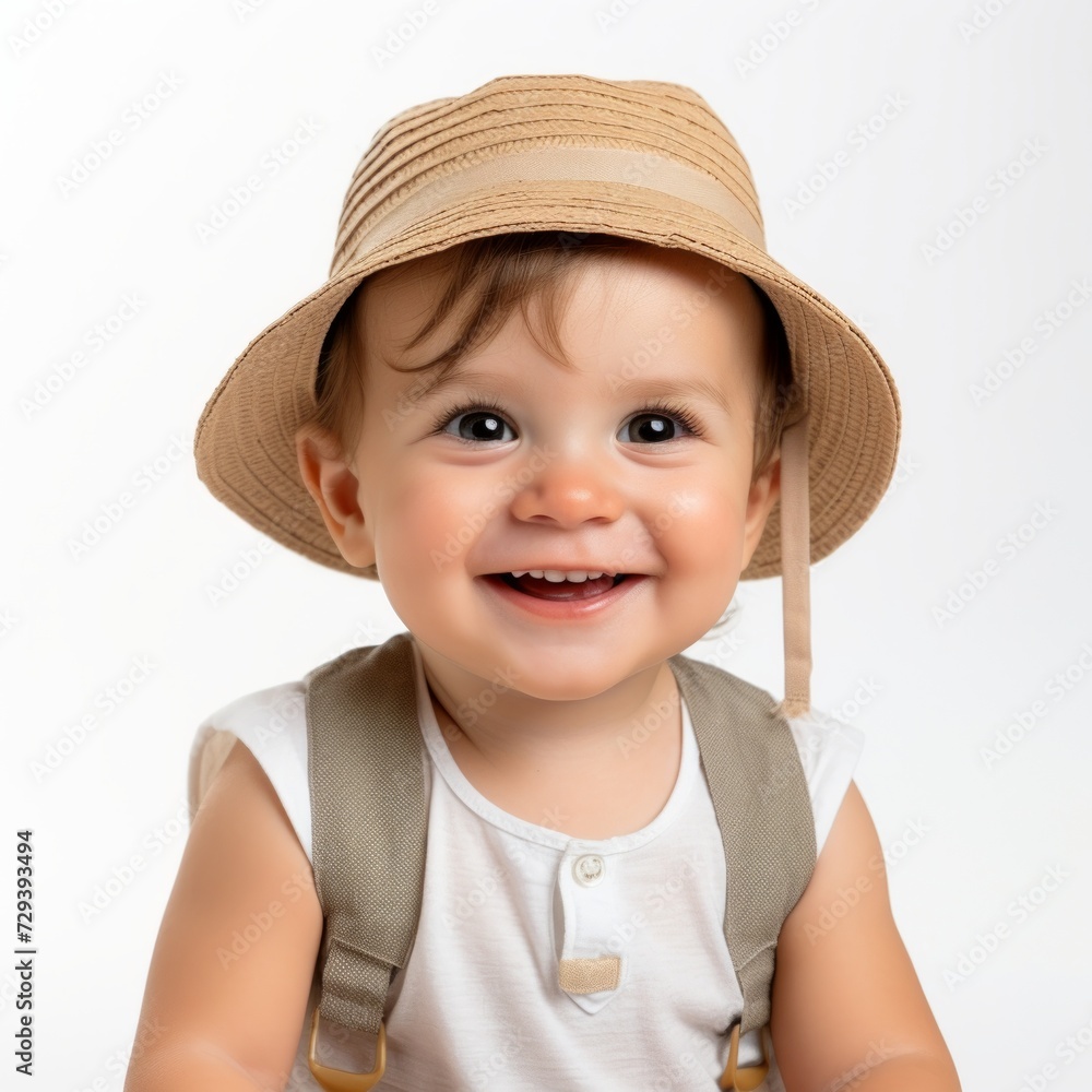 Poster Stock image of a toddler in a summer outfit on a plain white backdrop Generative AI