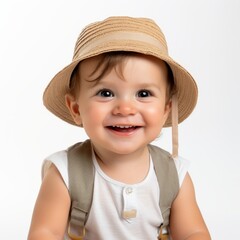 Stock image of a toddler in a summer outfit on a plain white backdrop Generative AI