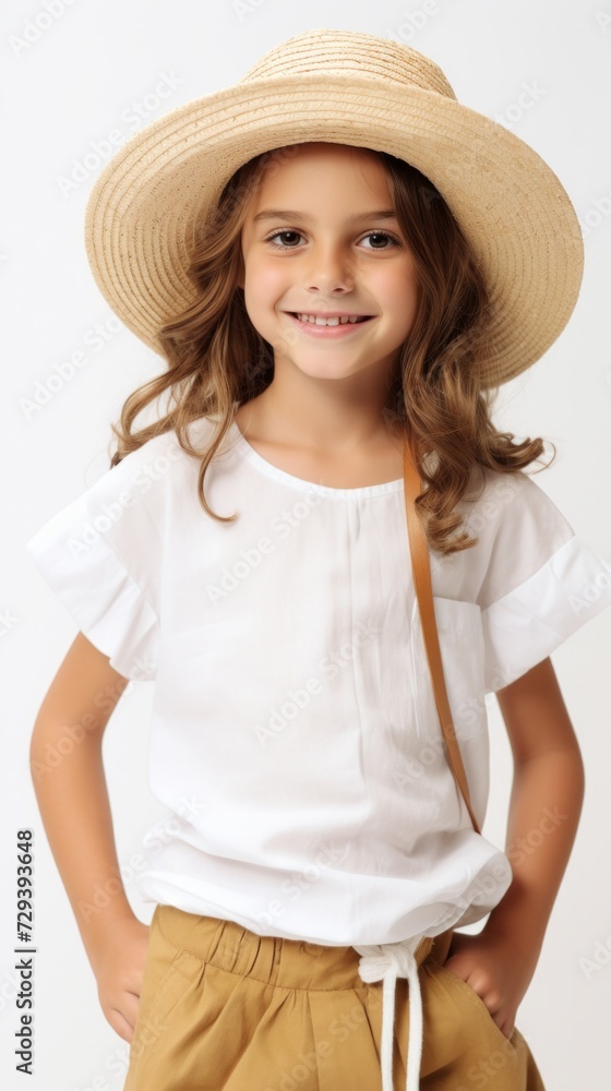 Aufkleber stock image of a young girl in a summer outfit against a plain white background generative ai