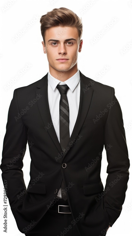 Poster stock image of a young man wearing a formal suit on a white background generative ai