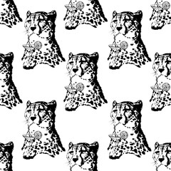Vector seamless pattern: cheetah drinking coctail. Black and white design with animals. Monochrome design for textile, fabric, wallpaper, wrapping paper.