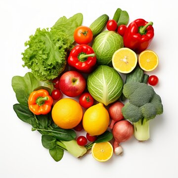 Stock image of a variety of colorful organic fruits and vegetables on a white background, healthy and natural Generative AI