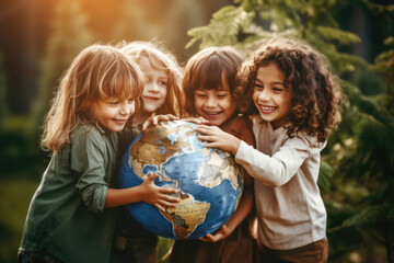 Earth Day or International Hug Day concept. Children hugging a model of the globe - obrazy, fototapety, plakaty