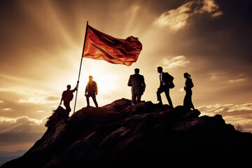 group of business leaders on a mountaintop with flags. Concept of success in business