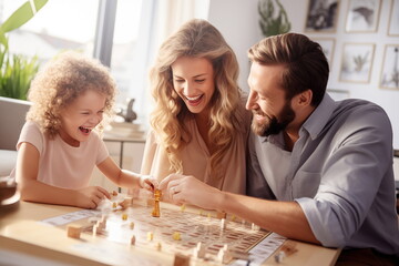 Obraz na płótnie Canvas A happy family playing a board game at home. Concept of educational games for a child