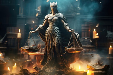 statue of justice holding a scale on fire in the midst of books - obrazy, fototapety, plakaty
