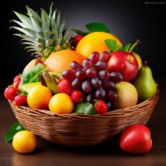 Stock image of colorful assorted fruits arranged in a basket, fresh and vibran Generative AI