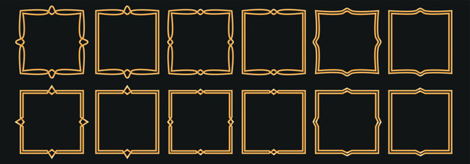 A set of gold metal square frames. In the style of the medieval, Art Deco, Elvish. Thin volumetric borders with a simple pattern. Vector elements for applications, websites, typography
