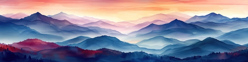 Zelfklevend Fotobehang Horizontal landscape watercolor art banner, background, splash screen, header. Summer, spring, autumn illustration in doodle style © Tata Che