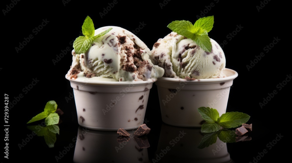 Poster three scoops of refreshing mint chocolate chip ice cream showcased in a close-up realistic photo aga