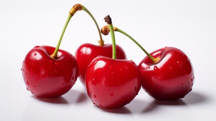 Three sweet red cherries captured in a close-up realistic photo on a white background Generative AI