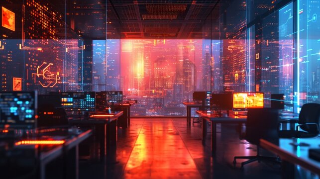 Modern empty office, room with computers and neon light. Innovative technology, tech education