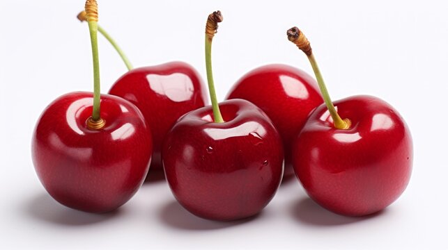 Three sweet, ripe red cherries captured in a close-up realistic photo on a white background Generative AI