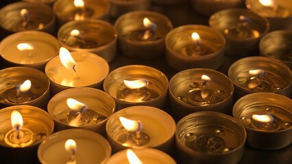 Many burning candles with melted wax. Soft warm light from the fire create a cozy atmosphere of peace and tranquility. Memorial day concept in church or temple, religion and ordinances. - obrazy, fototapety, plakaty