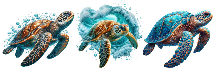 Sea turtle. Realistic, artistic, colored drawing of a sea turtle on a white background in a watercolor style.