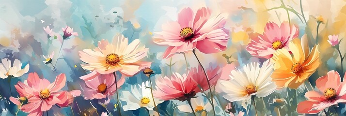 Horizontal floral watercolor art banner, background, splash screen, header. Summer and spring illustration - obrazy, fototapety, plakaty