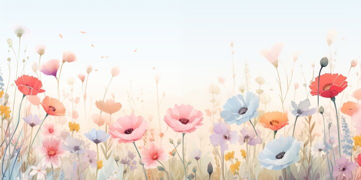 Horizontal floral watercolor art banner, background, splash screen, header. Summer and spring illustration