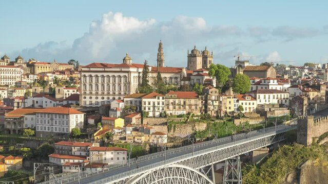 Porto Portugal time lapse, city skyline at Porto Ribeira with Douro River and Dom Luis I Bridge
