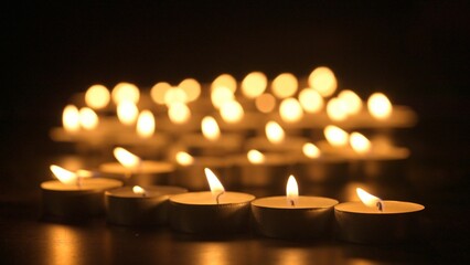 Rows of burning candles. The candles burn against a black backgrounds. The concept of a memorial...