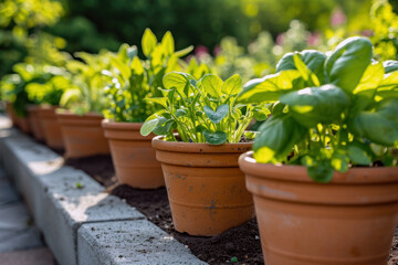 Fototapeta premium Row of potted plants with young green leaves