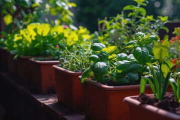 Row of potted plants with young green leaves