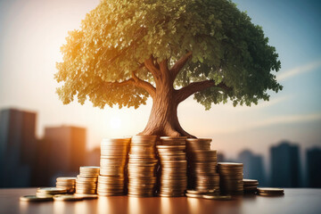 tree growing accumulating wealth coin money investment overtime and building retirement  capital assets portfolio,success in business and startups income trading dividend stock cryptocurrency  market