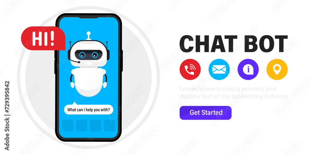 Poster chatbot in a smartphone screen. chat bot in phone. artificial intelligence. online assistant. help s