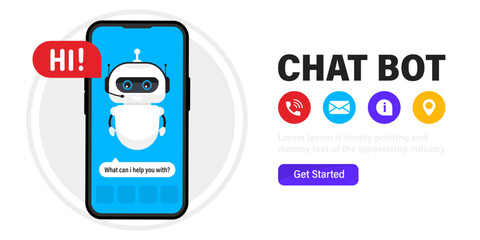 Chatbot in a smartphone screen. Chat bot in phone. Artificial intelligence. Online assistant. Help service chatting with chatbot application. Ai technology, customer service, virtual assistant