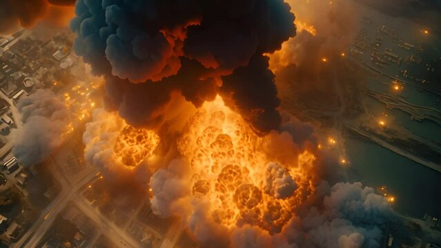 Aerial view of massive explosions and power plant fires.