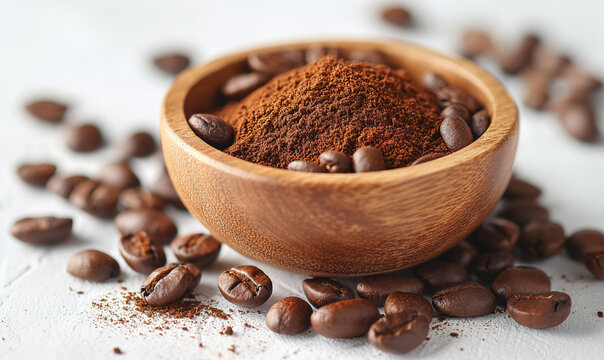 Coffee beans and ground coffee in a wooden bowl on white table. Selective focus. white isolated. 