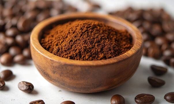 Coffee beans and ground coffee in a wooden bowl on white table. Selective focus. white isolated. 