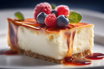 Beautiful piece of delicious cheesecake with fresh raspberries and blueberries.