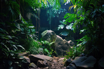 Naklejka premium A lush tropical environment with a variety of plants and rocks. Dense vegetation with large broad leaves and ferns