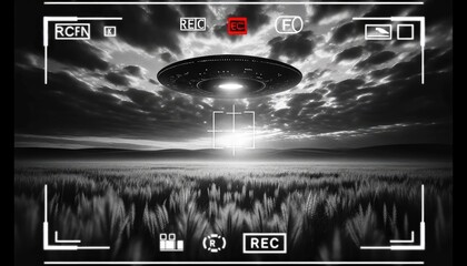Mysterious UFO Sighting in Grainy Black and White Footage - obrazy, fototapety, plakaty